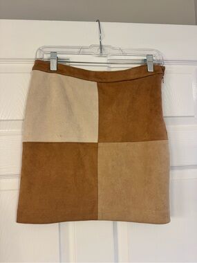 THML Two-Tone Patchwork Suede Mini Skirt in Tan and Cream